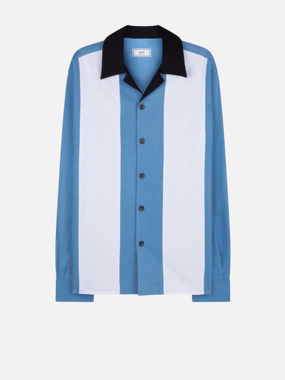 Ami Blue and White Vertical-Stripe Button-Down with Black Collar bowling shirt